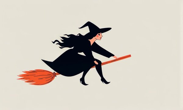 Animated witch in flight on broomstick: magical journey through the sky