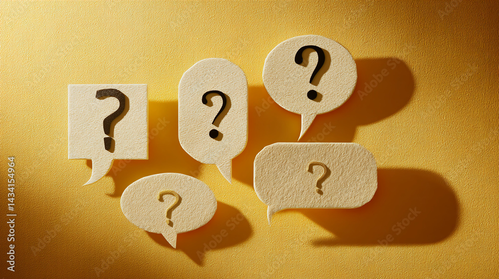 Poster pale yellow speech bubbles with black question marks on a textured yellow background, symbolizing qu
