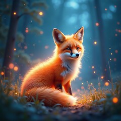 Obraz premium Magical Red Fox Sitting in a Glowing Forest Setting