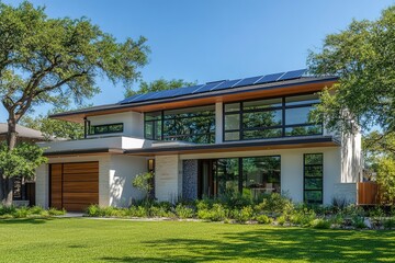A clean, modern home with solar panels installed on the roof, reflecting green energy ideals