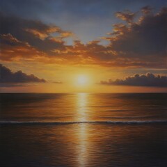Fototapeta premium Serene sunset seascape painting with golden light reflecting on the calm ocean water under a cloudy sky creating a peaceful and tranquil atmosphere in a classic style
