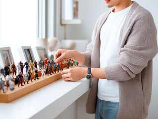 Collecting action figures on display with a person arranging them in a cozy indoor setting showcasing creativity and passion for collectibles healthy lifestyle concept