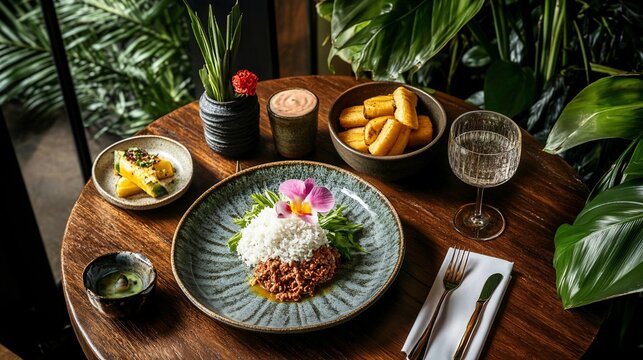 Gourmet meal on a wooden table.  Tropical ambiance