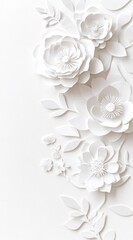 White paper flowers, elegant decoration, vertical, for invitations or cards