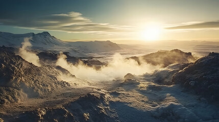 Breathtaking sunrise over a volcanic landscape with steam rising and mountains in the background