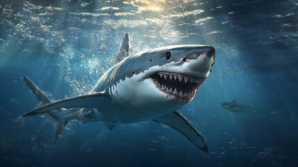 Fototapeta premium Underwater shot of a great white shark, teeth visible, in a sunny ocean