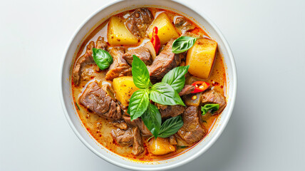 Fototapeta premium Rich and aromatic Massaman curry with tender beef, potatoes, peanuts, and fragrant basil leaves in a white bowl.