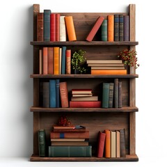 Vintage wooden bookshelf with assorted books