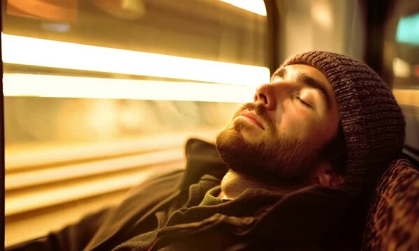 Tranquil Slumber: A Man's Peaceful Sleep on Public Transport