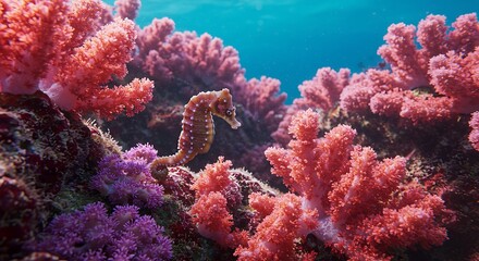 Seahorse Swimming Among Coral Reef