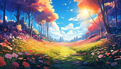 Obraz premium 光が差し込む花咲く小道、秋色に染まる幻想的な森、鮮やかな花と青空の風景、絵本のような自然の小道、オレンジの木々と柔らかな陽射し、温もりを感じるファンタジー風景、花に囲まれた森の中の道、晴れた日の心温まる風景、色彩豊かな自然アート