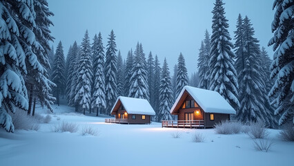Naklejka premium Two Cabins in a Snowy Forest