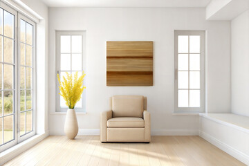 Fototapeta premium Minimalist living room with beige armchair, golden artwork, and yellow flower arrangements