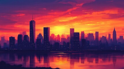 Obraz premium Vibrant city skyline at sunset. Fiery hues paint the sky above a silhouette of tall buildings reflecting on the water