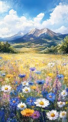Serene Mountain Vista with Vibrant Wildflower Meadow Under a Clear Blue Sky Artistic Impression