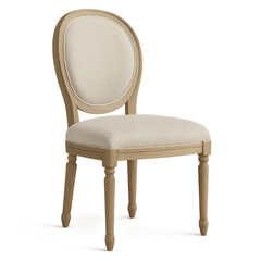 french country dining chair with linen upholstery and distressed wood on transparent background