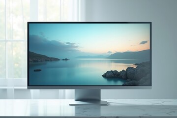 Fototapeta premium Computer monitor with lake view
