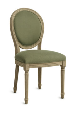 french country chair with sage green linen and distressed wood on transparent background
