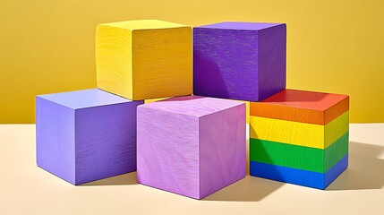 Five colorful wooden blocks stacked on a white surface against a yellow background
