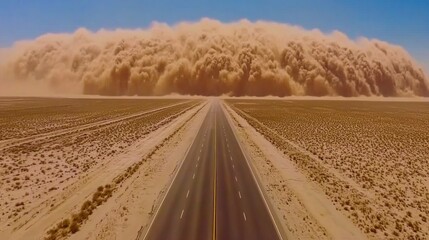Fototapeta premium Desert highway dust storm approaching, aerial view. Use weather news, climate change