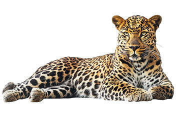 Obraz premium Relaxed Leopard with Tan Coat and Green-Yellow Eyes on Transparent Background Looking at Viewer