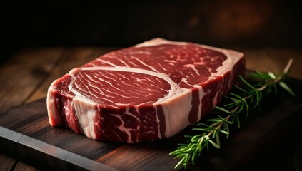 Fototapeta premium Raw Steak with Rosemary Moody Butcher Board Scene