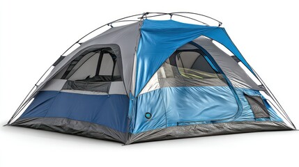 Blue and gray tent with open windows on white background