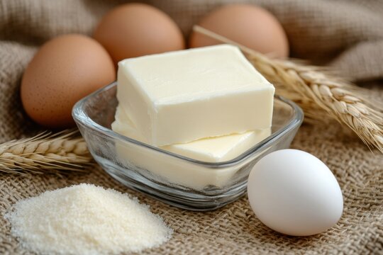 Rustic kitchen still life with eggs butter sugar and wheat on burlap for baking preparation and cooking ingredients in a warm light perfect for culinary themes - Powered by Adobe