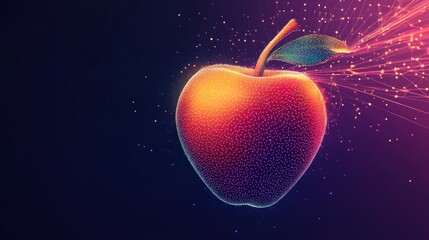 Digital apple bursting with energy.  A glowing, textured apple, rendered as a collection of particles, is highlighted against a dark backdrop.  Abstract light trails emanate from the fruit
