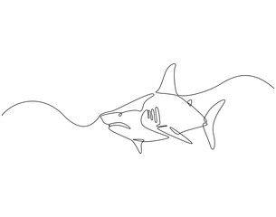 Obraz premium Continuous line drawing of shark fish. Single line illustration of shark fish swimming. Ocean predator fish concept. Editable outline
