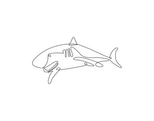 Obraz premium Continuous line drawing of shark fish. Single line illustration of shark fish swimming. Ocean predator fish concept. Editable outline