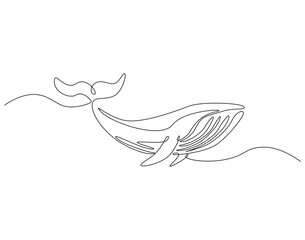 Fototapeta premium Continuous line drawing of blue whale. Single line illustration of blue whale swimming. Ocean mammal animal concept. Editable outline