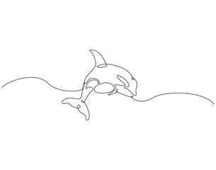Continuous line drawing of orca whale. Single line illustration of killer whale. Predatory marine fish concept. Editable outline