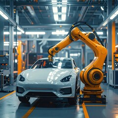 Fototapeta premium Futuristic robotic arm assembling white car in modern automotive factory