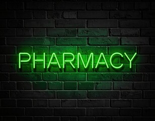 Fototapeta premium Bright green neon pharmacy sign on dark brick wall at night