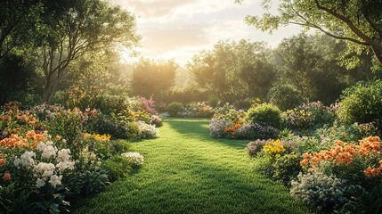 Sunlit Garden Path with Lush Flowers and Green Lawn in Summer