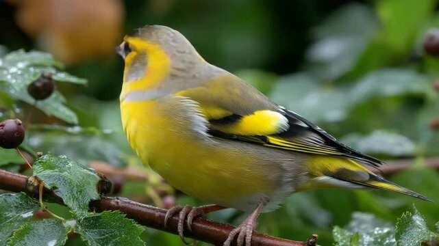 Eurasian siskin perched on a branch with berries, shows a combination of yellow and grey feathers, bird watching and observing nature concept