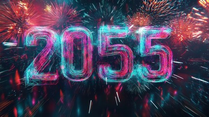 Futuristic New Year's Eve 2055 celebration.  Dynamic glowing numbers against a backdrop of colorful fireworks