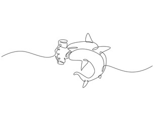 Continuous line drawing of hammerhead shark. Single line illustration of hammerhead shark fish. Ocean predator animal concept. Editable outline