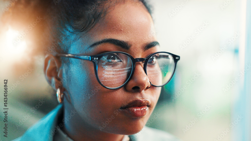 Fototapete Reflection, glasses and programmer with business woman cyber security, network domain and code analyst. Server encryption, tech startup and software review with person in IT firm for VPN system