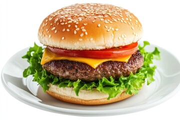 Hamburger on plate, isolated, white background. AI generated illustration.