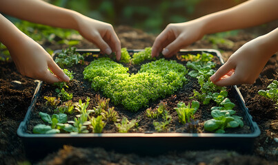 Children nurturing a heart-shaped garden of fresh greens in a sunlit outdoor setting