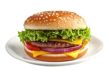 Hamburger on plate, isolated, white background. AI generated illustration.