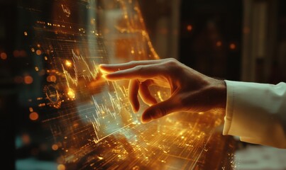 A hand interacts with a transparent digital screen displaying financial data and charts