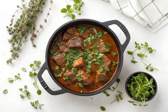 top shot of brazilian rabada com agriao in black iron pan  on white background 