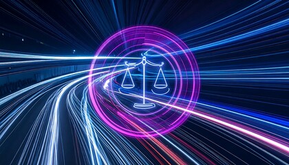 Futuristic legal concept with justice scales against a neon light trail backdrop. Ideal for law, technology, innovation, and cybersecurity themes.