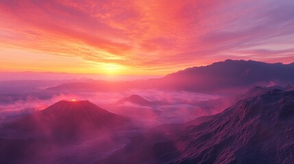 Obraz premium Fiery sunset over volcanic peaks. Clouds swirl around majestic mountains. Vibrant hues of orange and pink