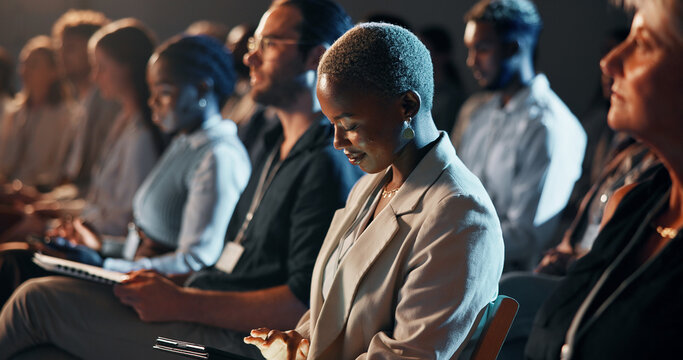 Tablet, audience and business people at seminar, workshop or conference for finance trading. Digital technology, crowd and group of employees at fintech convention for financial training and network.