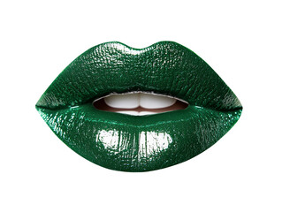 Glossy green lips showcase a bold and striking appearance, emphasizing a unique cosmetic style.