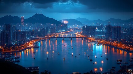 Fototapeta premium Hong kong skyline at night illuminated cityscape with fireworks and bridge